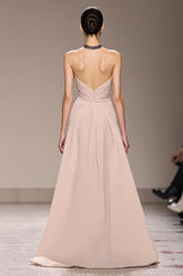 Champagner Satin Neckholder Langes Abendkleid mit Perlenstickerei